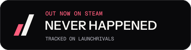 Dark launch badge for NEVER HAPPENED