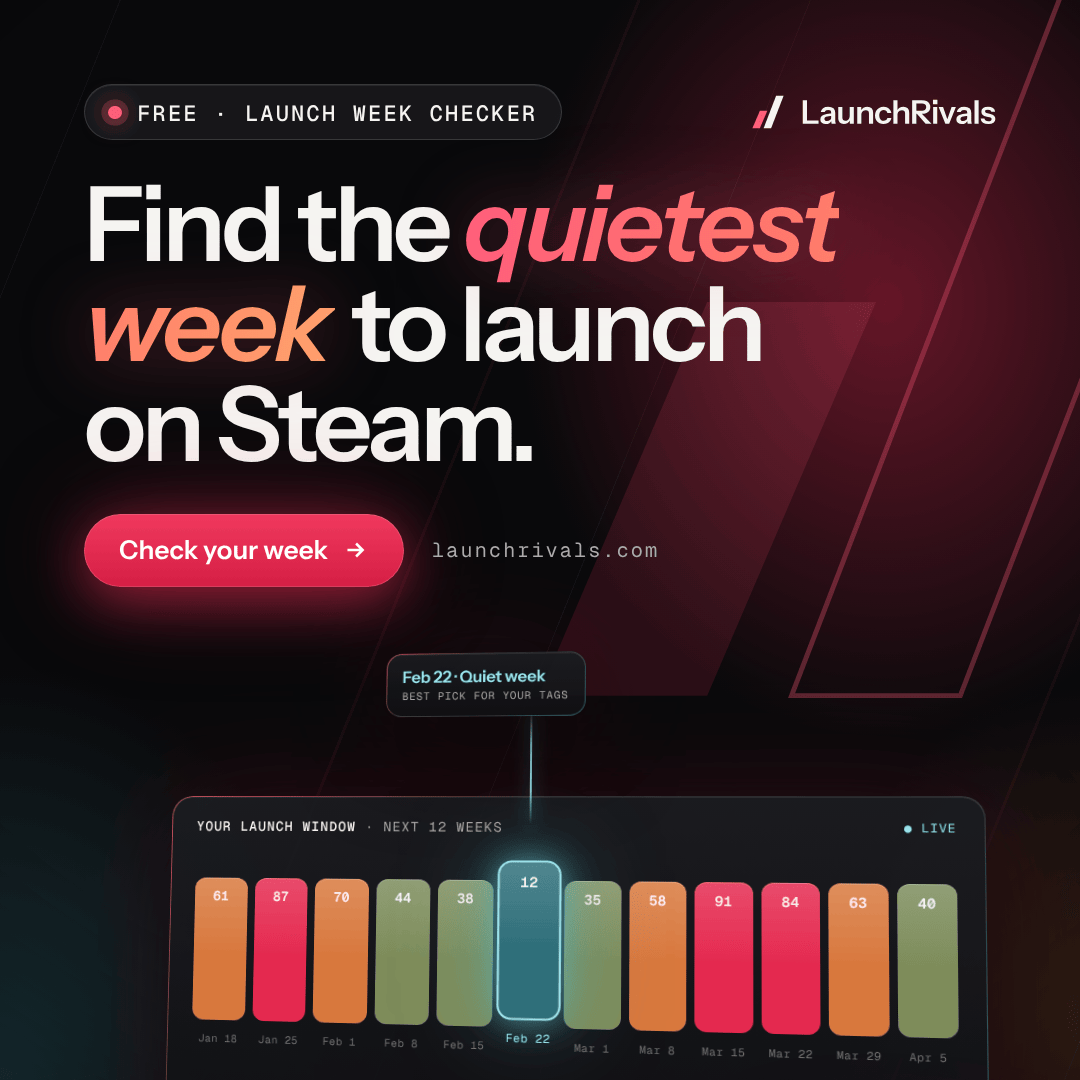 LaunchRivals banner: Find the quietest week to launch on Steam.